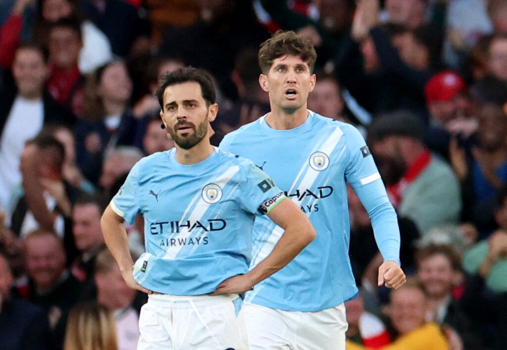 Manchester City's John Stones and Bernardo Silva. (REUTERS/Hannah Mckay)