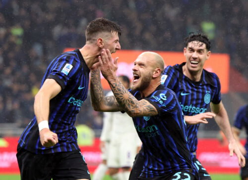Inter Milan's Petar Sucic, Federico Dimarco and Alessandro Bastoni. (REUTERS/Claudia Greco)