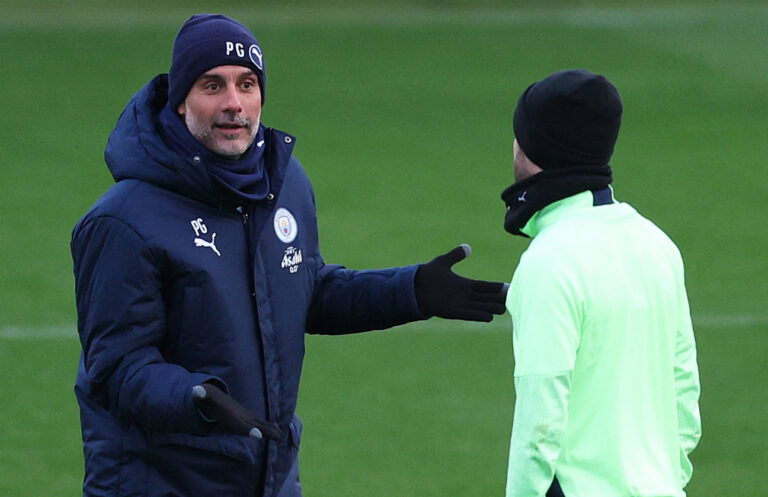 Manchester City manager Pep Guardiola with Bernardo Silva. (Reuters/Ed Sykes)