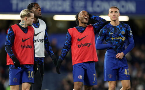 Chelsea's Mykhailo Mudryk, Axel Disasi, Raheem Sterling and Alfie Gilchrist. (REUTERS/Isabel Infantes)