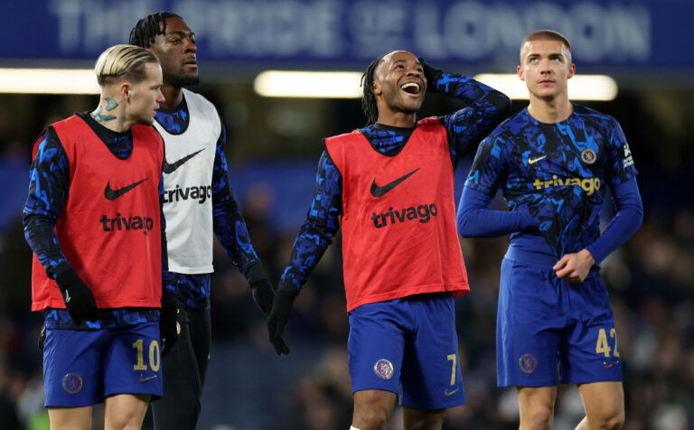 Chelsea's Mykhailo Mudryk, Axel Disasi, Raheem Sterling and Alfie Gilchrist. (REUTERS/Isabel Infantes)