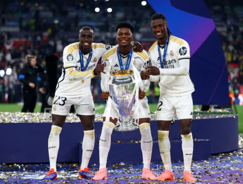 Real Madrid's Ferland Mendy, Aurelien Tchouameni and Eduardo Camavinga. (REUTERS/Hannah Mckay)
