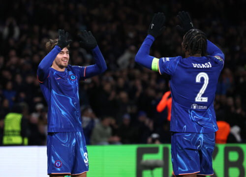 Chelsea's Marc Guiu and Axel Disasi. (Reuters/Paul Childs)
