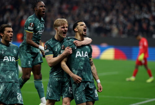 Tottenham Hotspur's Dominic Solanke, Brennan Johnson, Lucas Bergvall and Mathys Tel. (REUTERS/Kai Pfaffenbach)