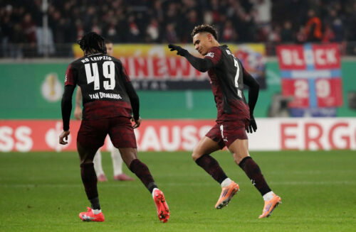 RB Leipzig's Antonio Nusa and Yan Diomande. (REUTERS/Karina Hessland)