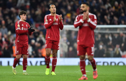 Liverpool's Milos Kerkez, Virgil van Dijk and Mohamed Salah. (REUTERS/Peter Powell)