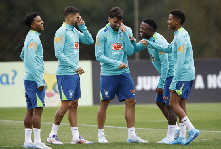 Brazil's Vinicius Junior, Bruno Guimaraes, Estevao, Lucas Paqueta and Rodrygo. (REUTERS/Rodolfo Buhrer)