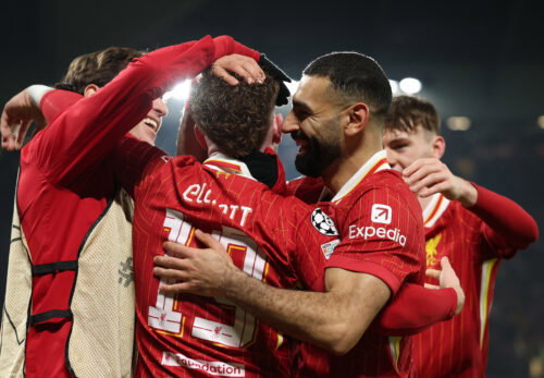 Liverpool's Harvey Elliott, Mohamed Salah, Federico Chiesa and Conor Bradley. (REUTERS/Phil Noble)