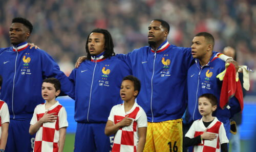 France's Kylian Mbappe, Jules Kounde and Mike Maignan. (REUTERS/Sarah Meyssonnier)