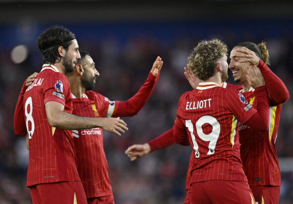 Dominik Szoboszlai, Mohamed Salah, Harvey Elliott and Kostas Tsimikas. (REUTERS/Tony O Brien)