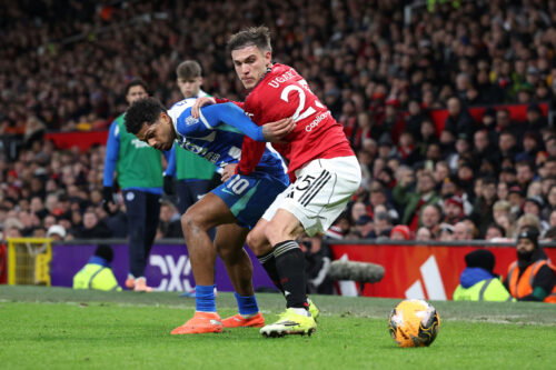 Georginio Rutter in action with Manchester United's Manuel Ugarte. (REUTERS/Scott Heppell)