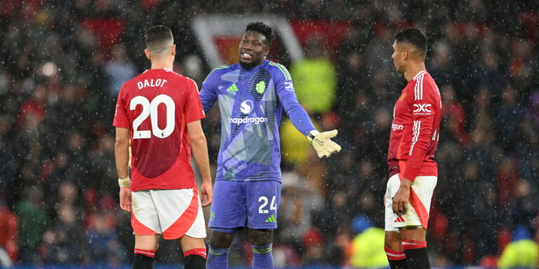 Casemiro, Andre Onana and Diogo Dalot. (Michael Regan/Getty Images)