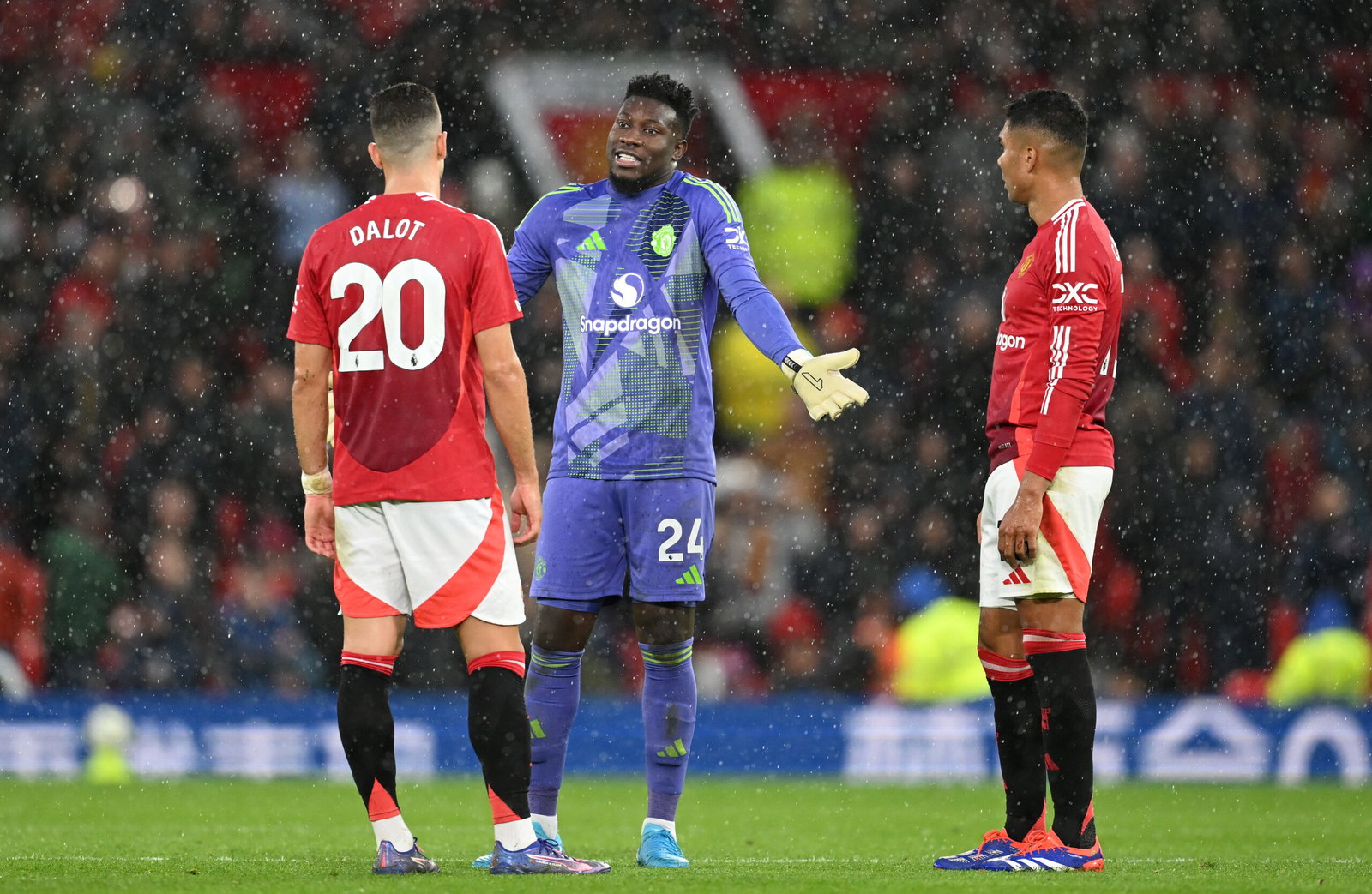 Casemiro, Andre Onana and Diogo Dalot. (Michael Regan/Getty Images)