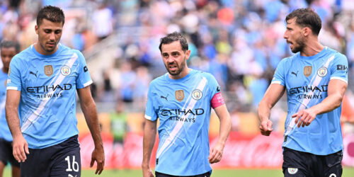 Rodri; Bernardo Silva and Ruben Dias. (Luciano Bisbal/Getty Images)