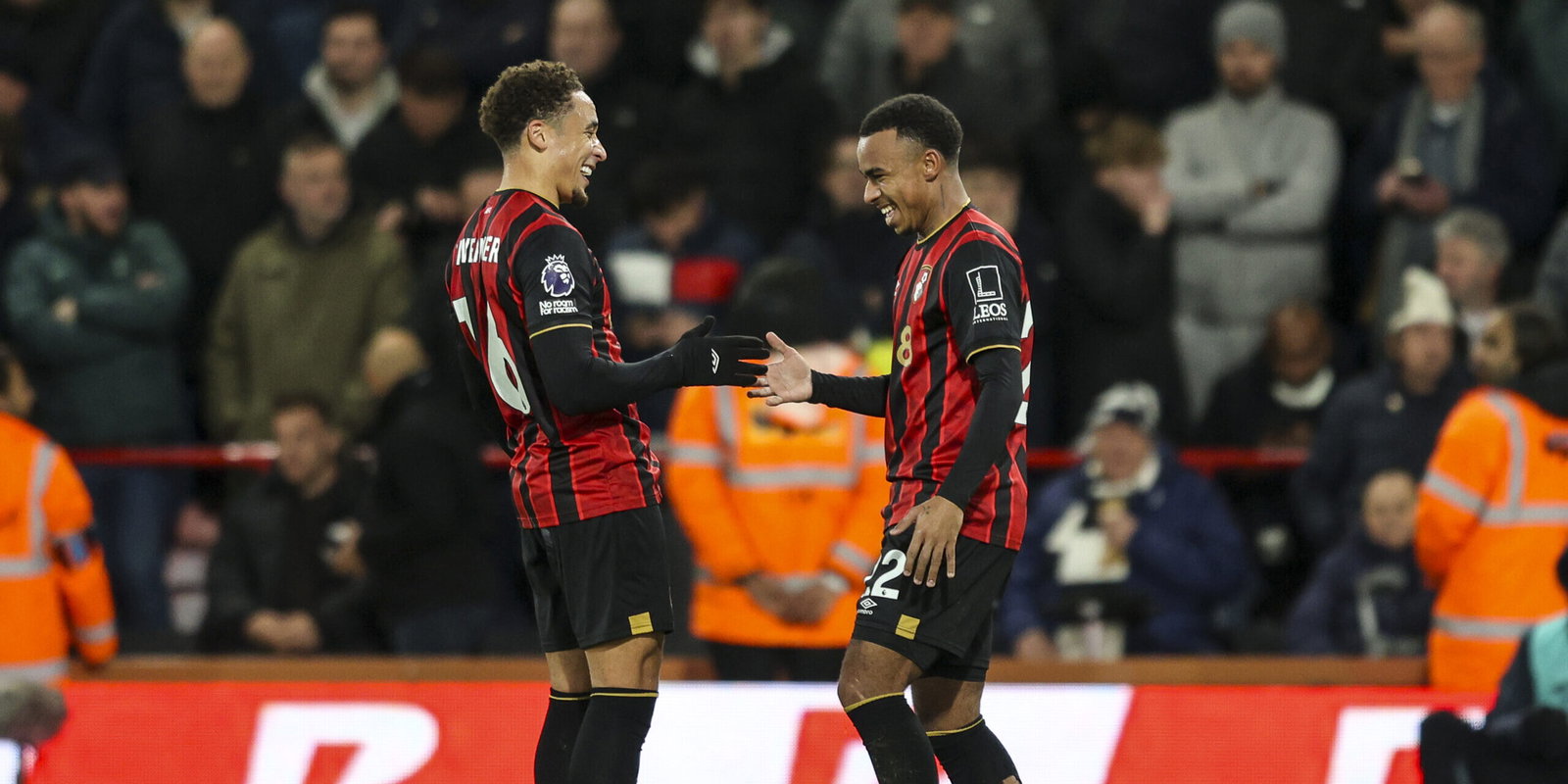Eli Junior Kroupi, Marcus Tavernier. (Robin Jones - AFC Bournemouth/AFC Bournemouth via Getty Images)