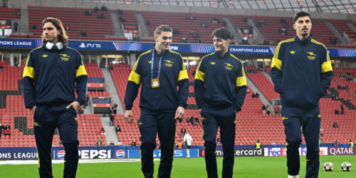 Riccardo Calafiori, Viktor Gyoekeres, Christian Norgaard, Kai Havertz. (Stuart MacFarlane/Arsenal FC via Getty Images)
