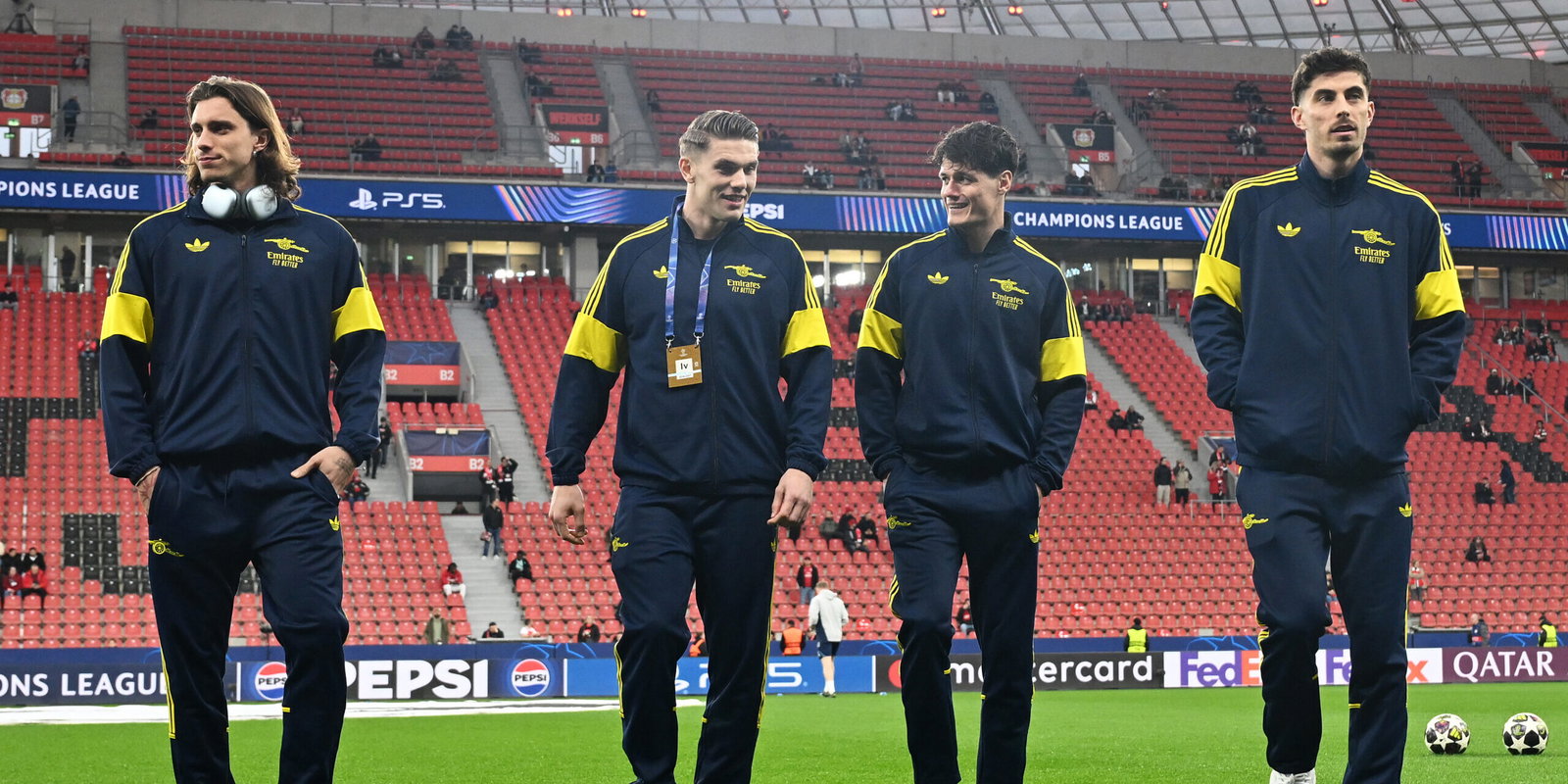 Riccardo Calafiori, Viktor Gyoekeres, Christian Norgaard, Kai Havertz. (Stuart MacFarlane/Arsenal FC via Getty Images)