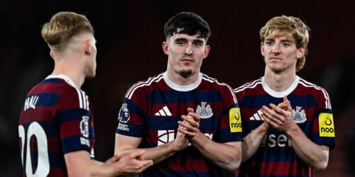 Lewis Hall, Valentino Livramento and Anthony Gordon. (Serena Taylor/Newcastle United via Getty Images)