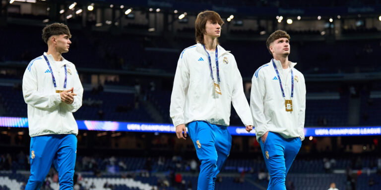 Víctor Valdepeñas, Joan Martínez and Jorge Cestero of Real Madrid. (Angel Martinez - UEFA/UEFA via Getty Images)