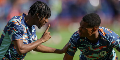 Jeremie Frimpong and Denzel Dumfries. (Inaki Esnaola/Getty Images)