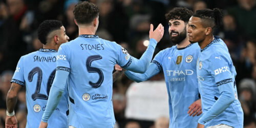 Josko Gvardiol, Savinho, John Stones, Manuel Akanji. (PAUL ELLIS/AFP via Getty Images)