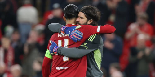 Virgil van Dijk and Alisson Becker. (Richard Sellers/Sportsphoto/Allstar via Getty Images)