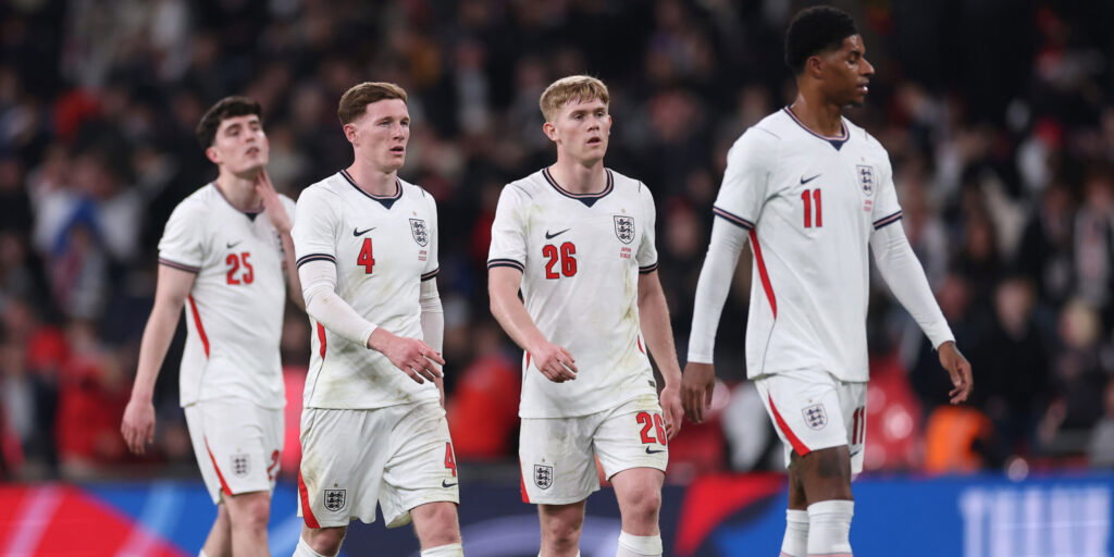 Tino Livramento, Elliot Anderson, Lewis Hall and Marcus Rashford. (Alex Davidson - The FA/The FA via Getty Images)